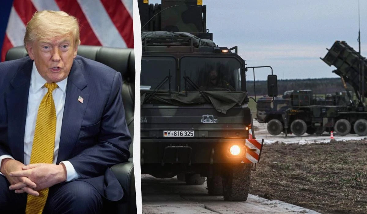 Зенітний ракетний комплекс Patriot на тлі прапорів США та України